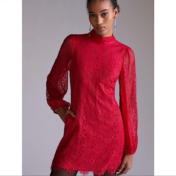 Maeve Dresses & Skirts - Maeve | Anthropologie | Backless Lace Long Sleeve Dress - Red Raspberry | Sz 10